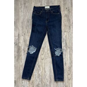 Free People High Rise Busted Knee Skinny Jeans Stretch Denim Dark Fade Wash‎ 25